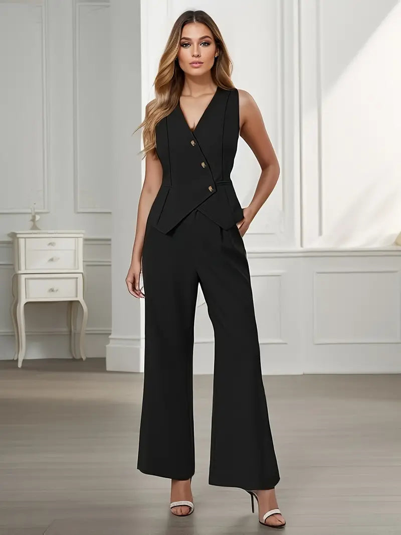 Women's Elegant Tailored Two-Piece Suit | Sleeveless Blazer Top and Wide-Leg Trousers