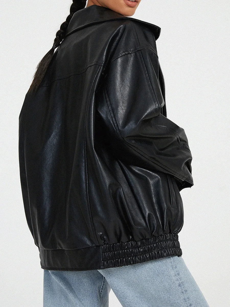 Women's Faux Leather Oversized Bomber Jacket | Stylish Chic Layering Jacket