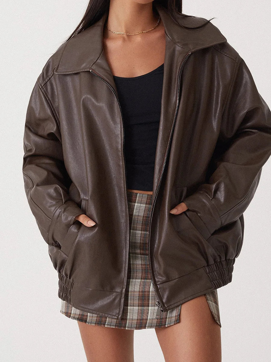 Women's Faux Leather Oversized Bomber Jacket | Stylish Chic Layering Jacket