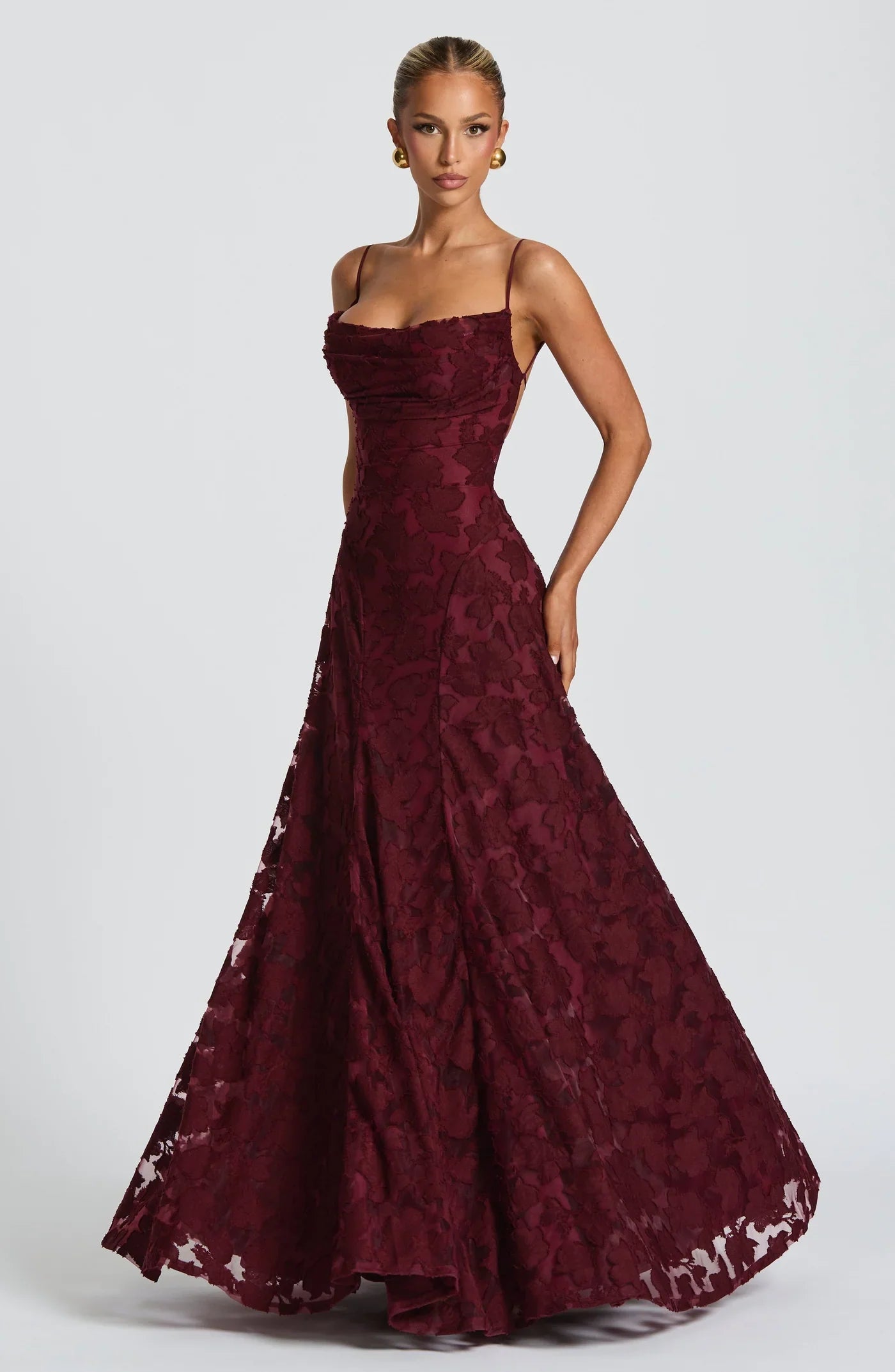 Women's Jacquard Evening Dress | Elegant Deep Burgundy Gown with Flowing Skirt 0