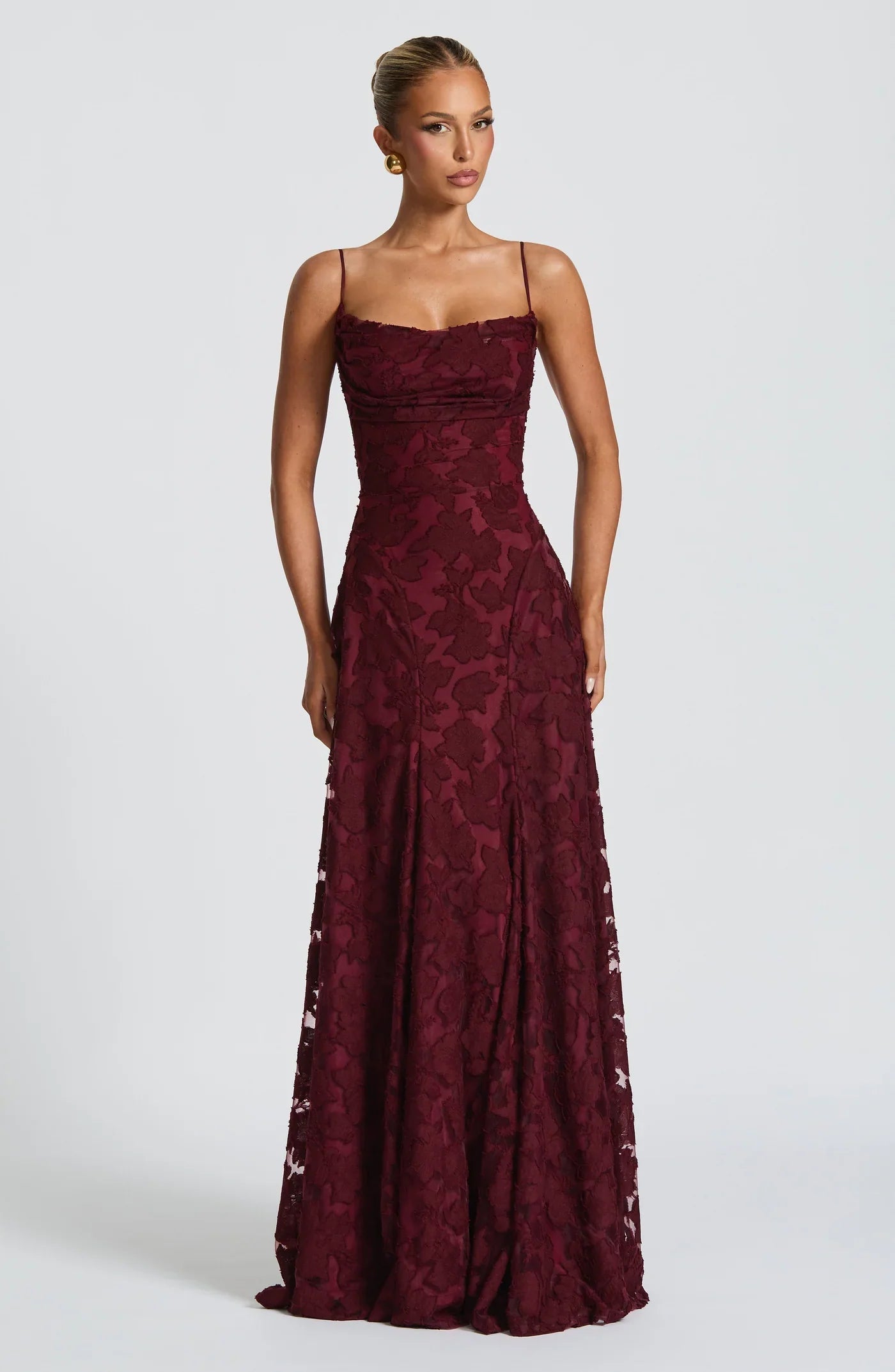 Women's Jacquard Evening Dress | Elegant Deep Burgundy Gown with Flowing Skirt 5